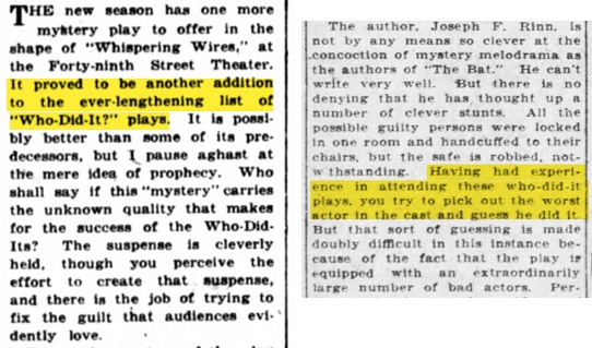 1922 and 1923 theater reviews describing plays as "who-did-it" productions.
